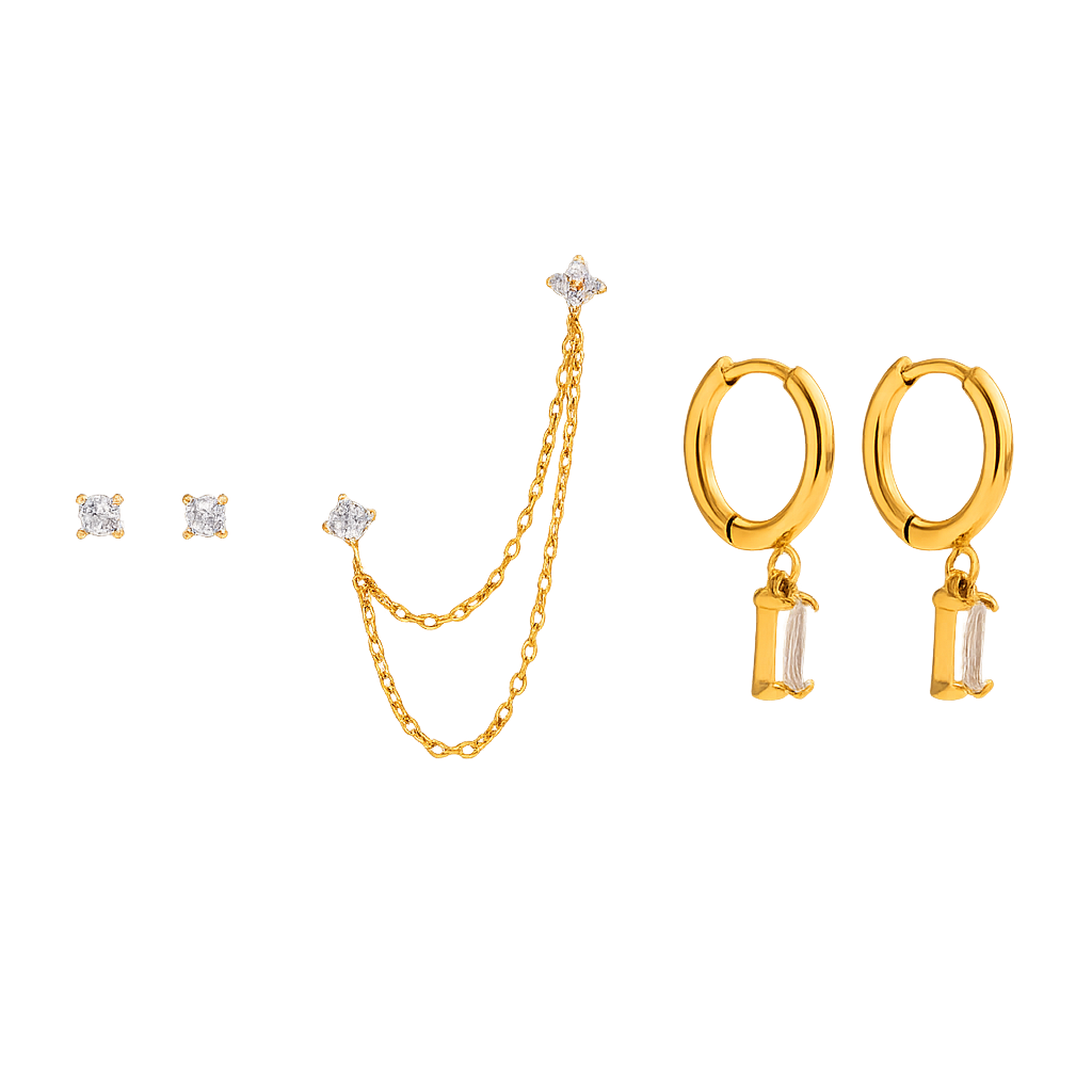 CRYSTAL EARRING SET WITH CHAIN STUDS AND DROP HOOPS EARRINGS | GOLD PLATED (Copy)