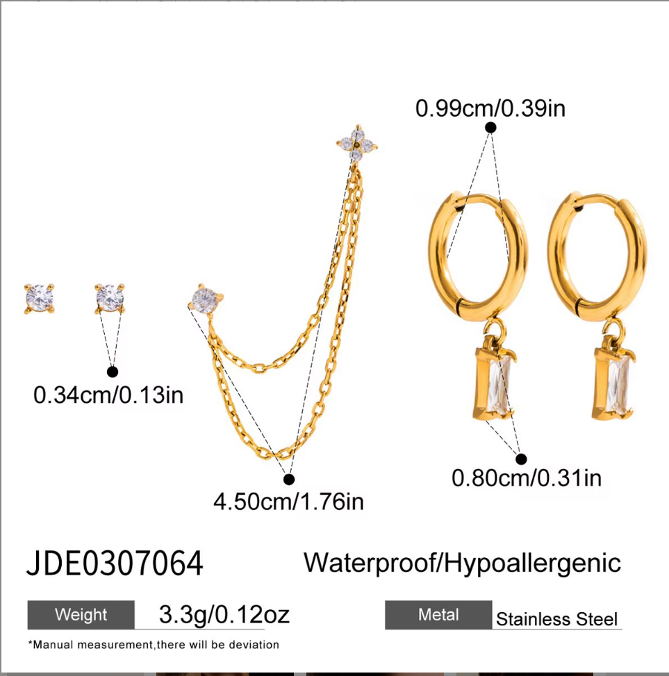 CRYSTAL EARRING SET WITH CHAIN STUDS AND DROP HOOPS EARRINGS | GOLD PLATED (Copy)