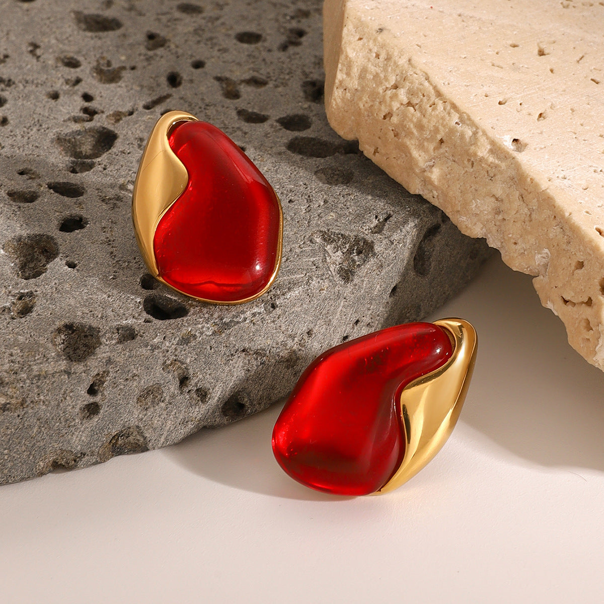 Hoop Earrings with Natural Red Stone | GOLD PLATED