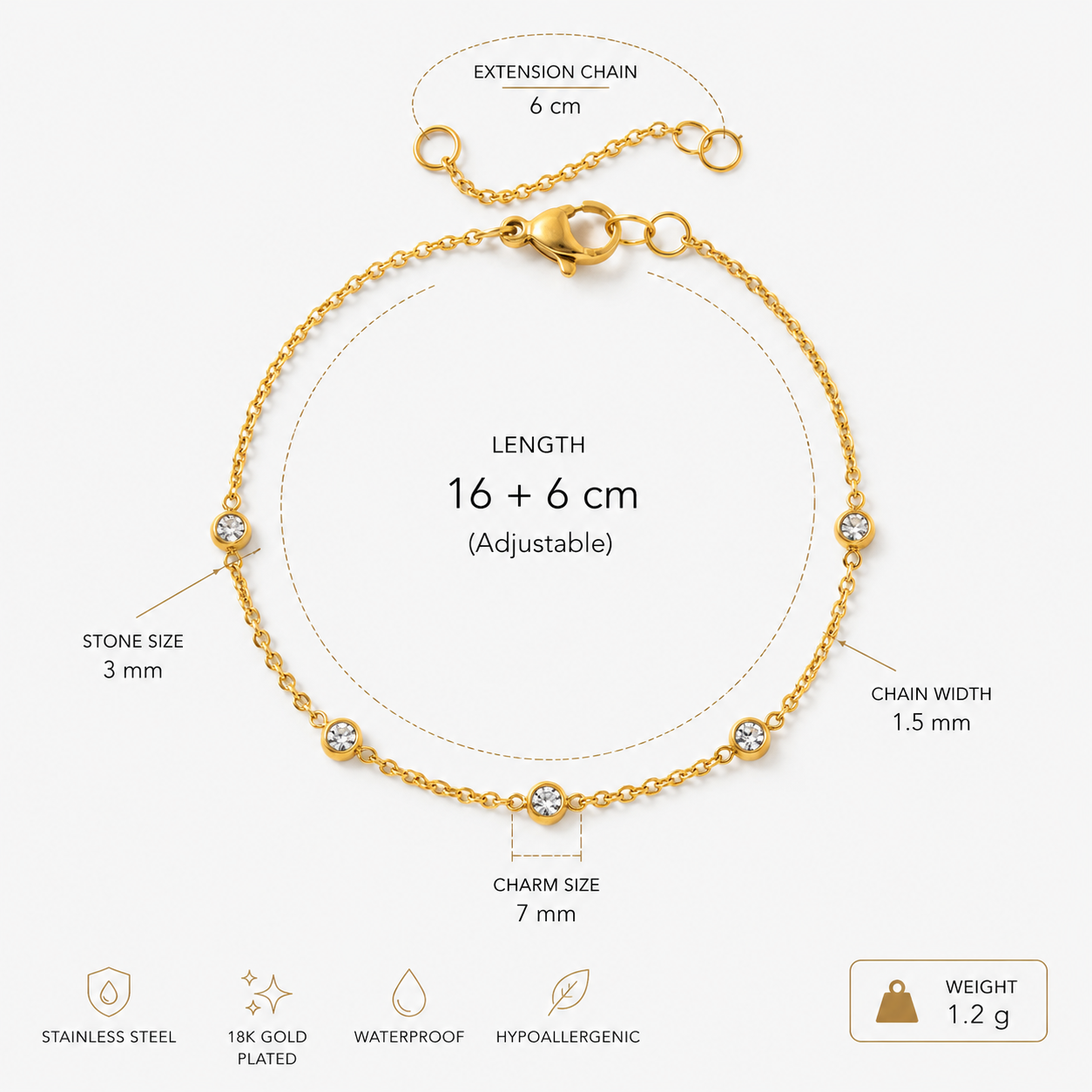 MINIMALIST ZIRCON CHARM BRACELET | 18K GOLD PLATED